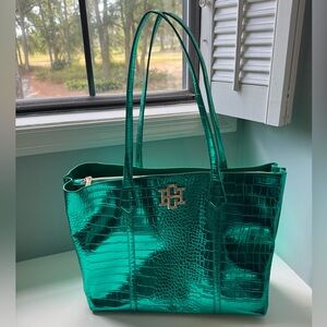 Caroline Hill Green Metallic Crocodile Embossed Tote Bag